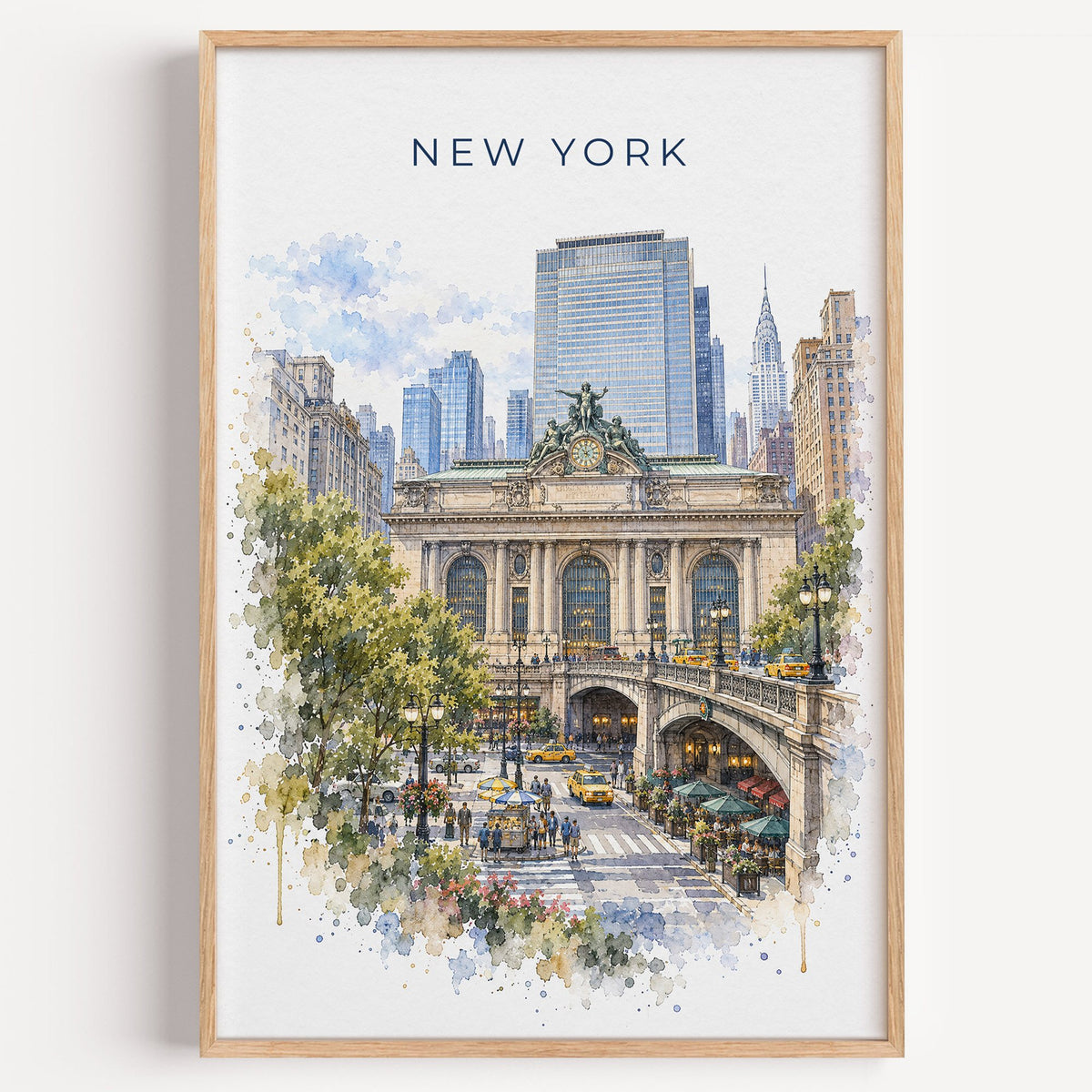 Grand Central Terminal watercolor print in a light oak frame on a plain white wall