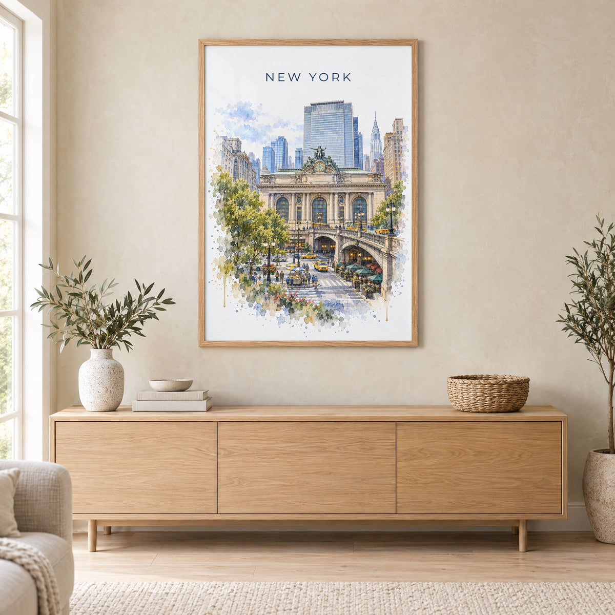 Grand Central Terminal watercolor print in an oak frame above a light wood sideboard in a Scandinavian living room