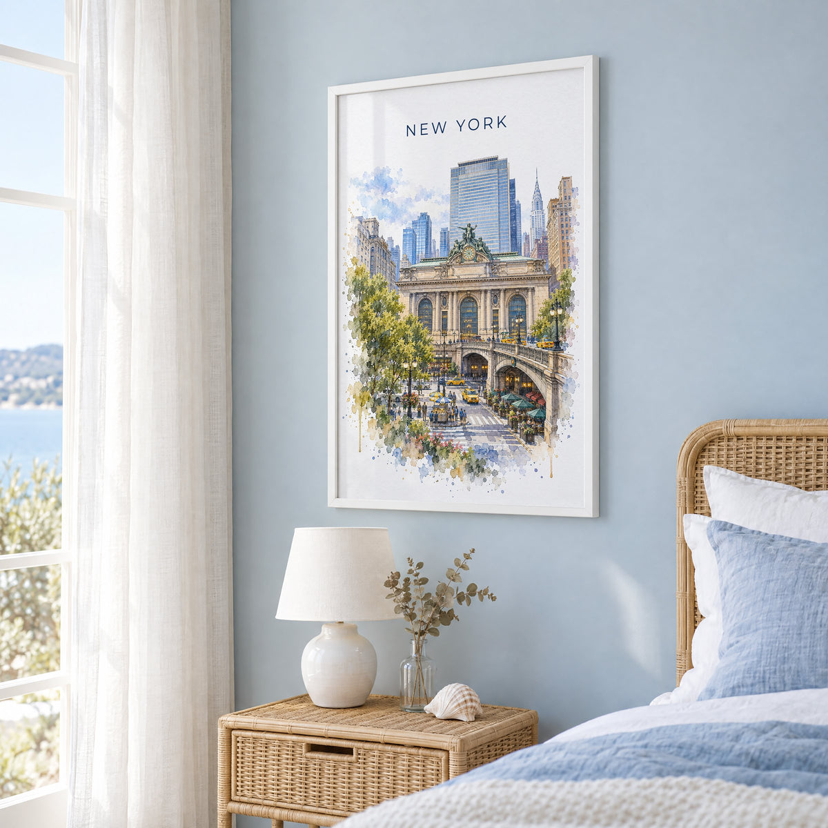 Grand Central Terminal watercolor print in a white frame on a pale blue wall beside a rattan bed in a coastal bedroom