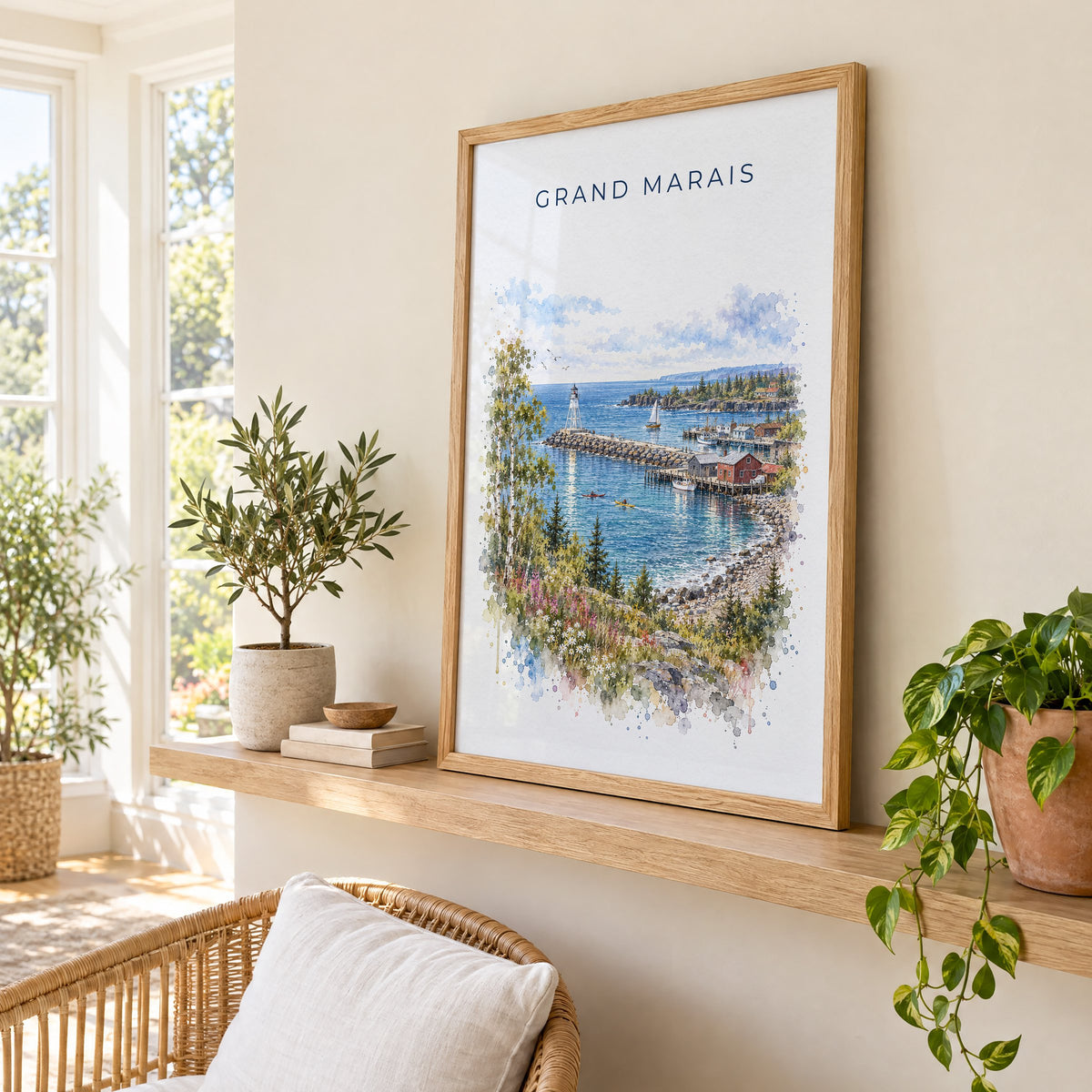 Grand Marais, Minnesota watercolor print in an oak frame on a picture ledge in a sunlit sunroom