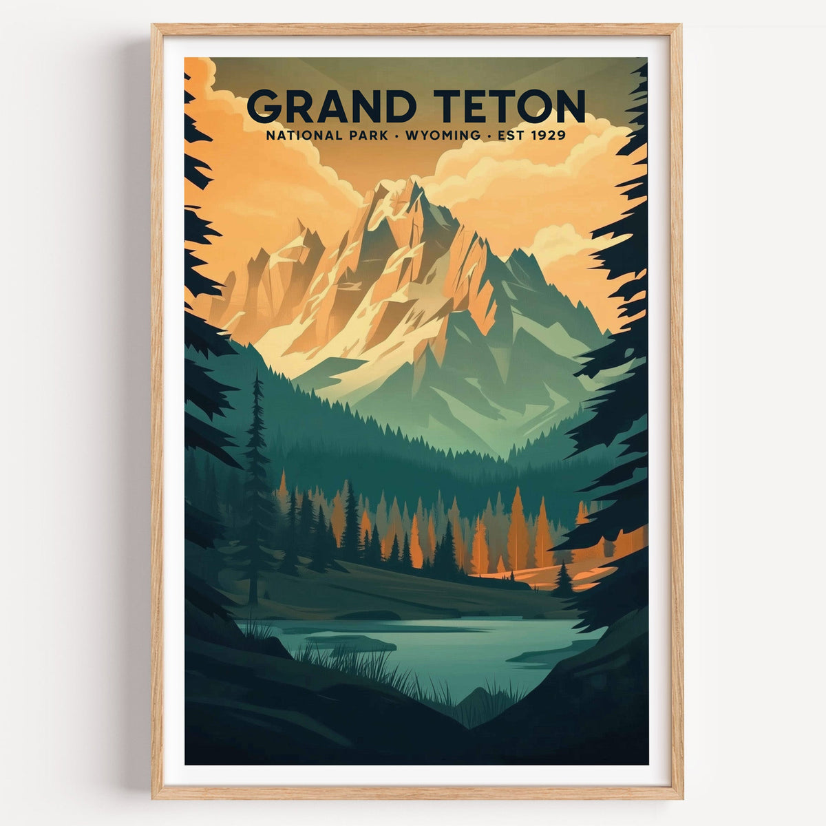 Grand Teton National Park illustrated print: the Teton range at dusk above spruce, in an oak frame