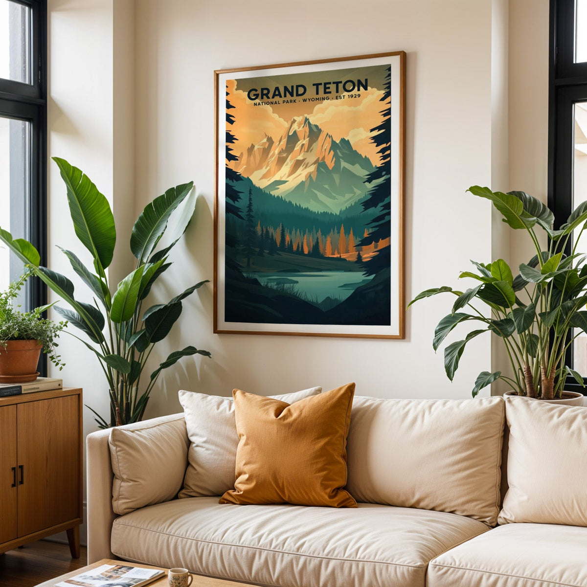 Grand Teton National Park print in an oak frame above a cream living room sofa with an ochre cushion