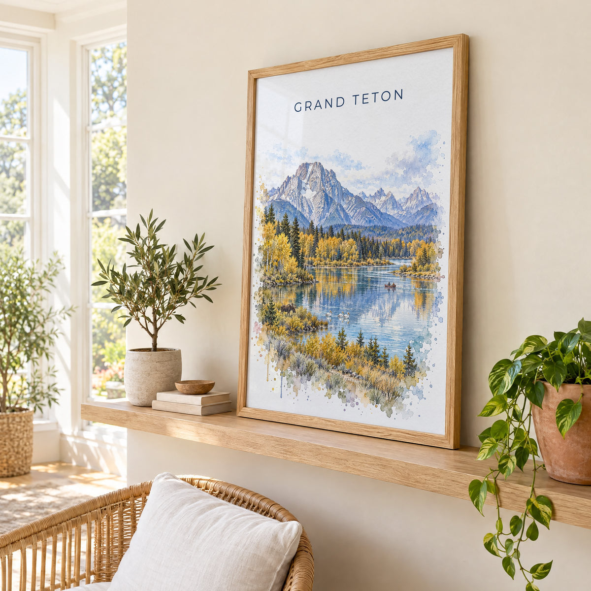 Grand Teton National Park watercolor print in an oak frame on a picture ledge in a sunlit sunroom