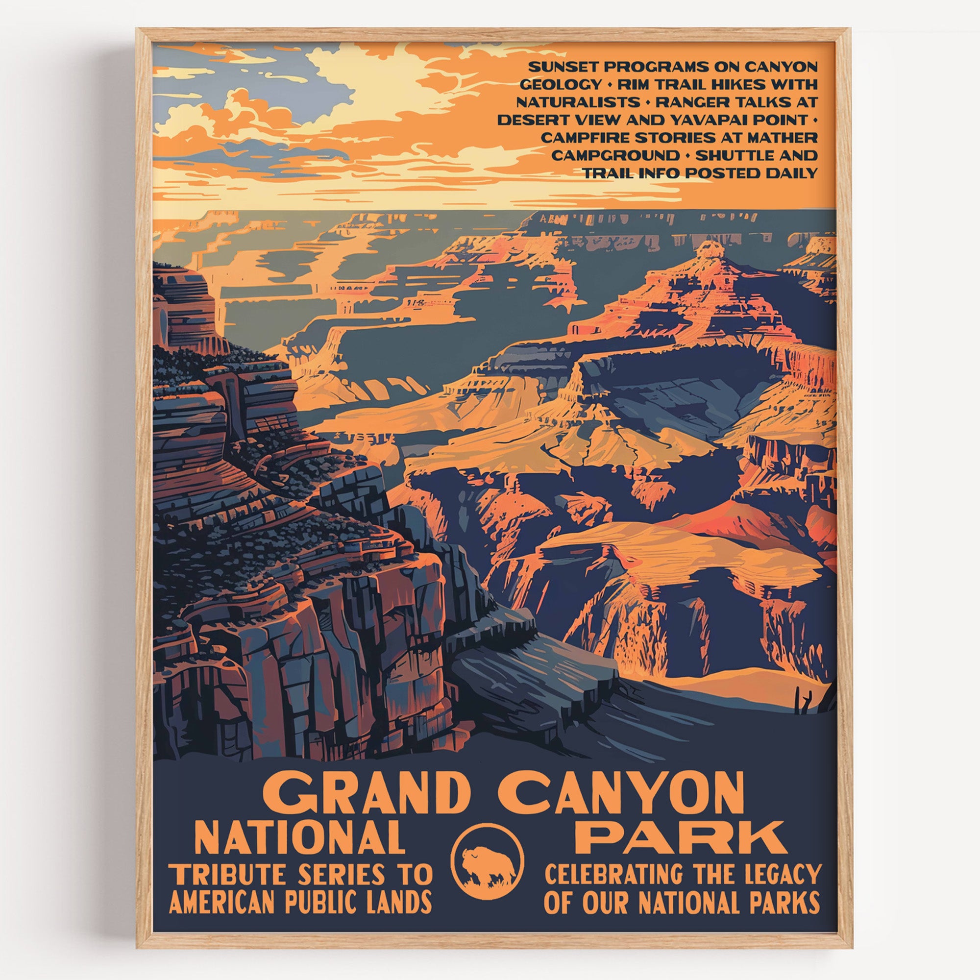 Grand Canyon National Park wall art print in a thin wood frame, layer on layer of canyon walls glowing at sunset