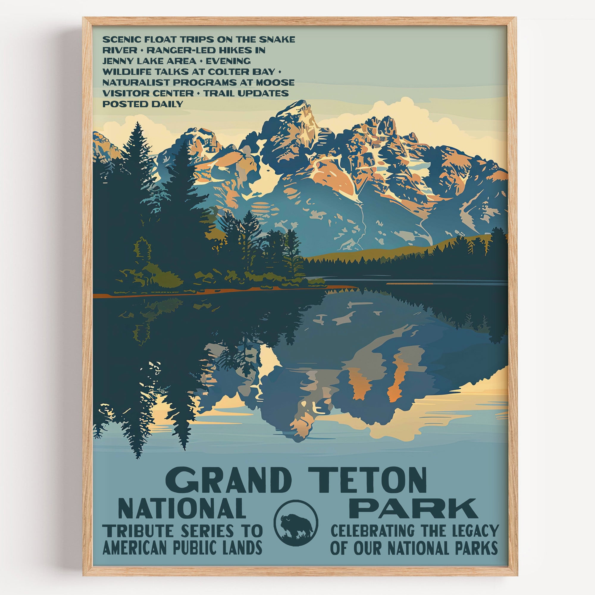 Grand Teton National Park wall art print in a thin wood frame, the Teton range mirrored in the still Snake River