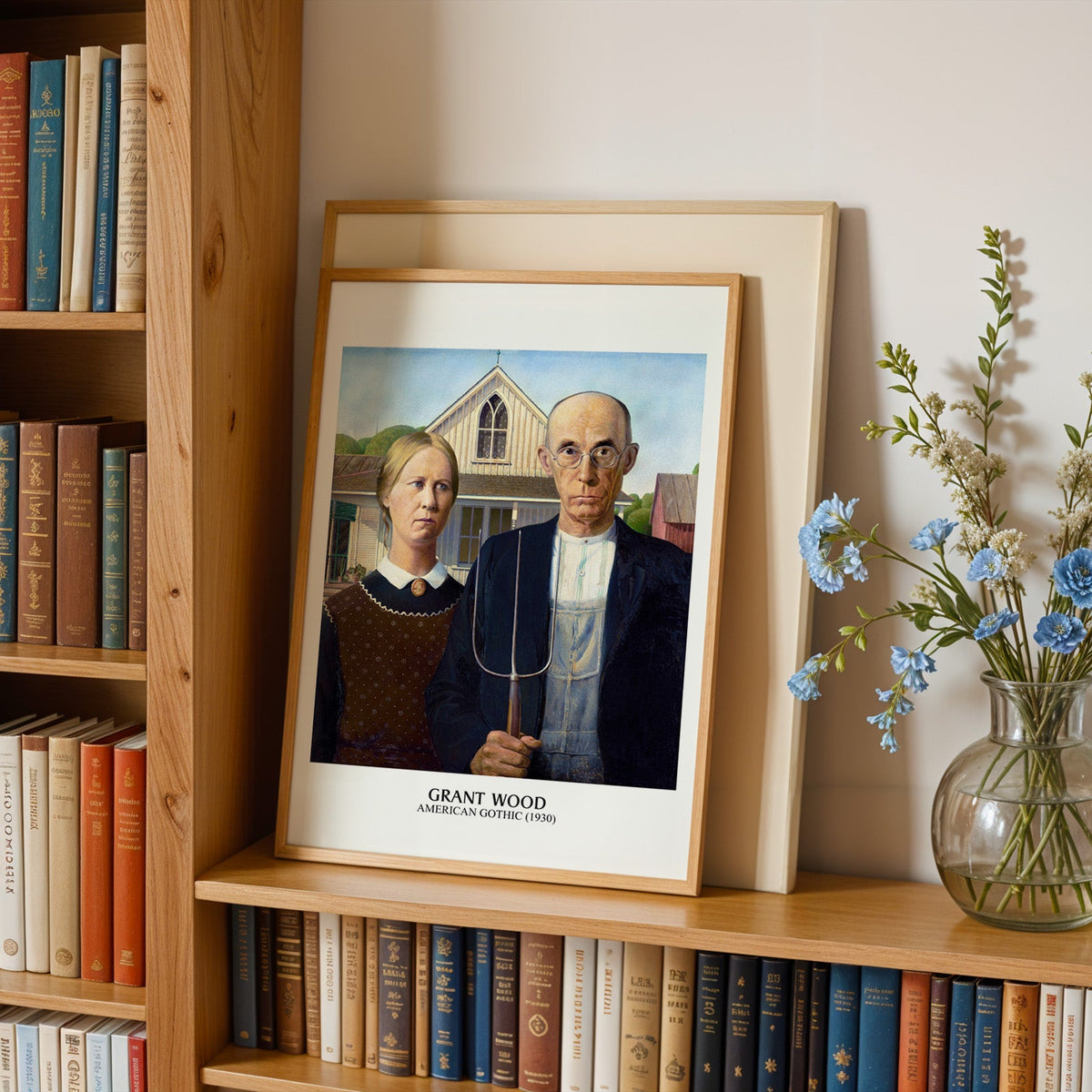 American Gothic in an oak frame leaning on a bookshelf beside blue flowers