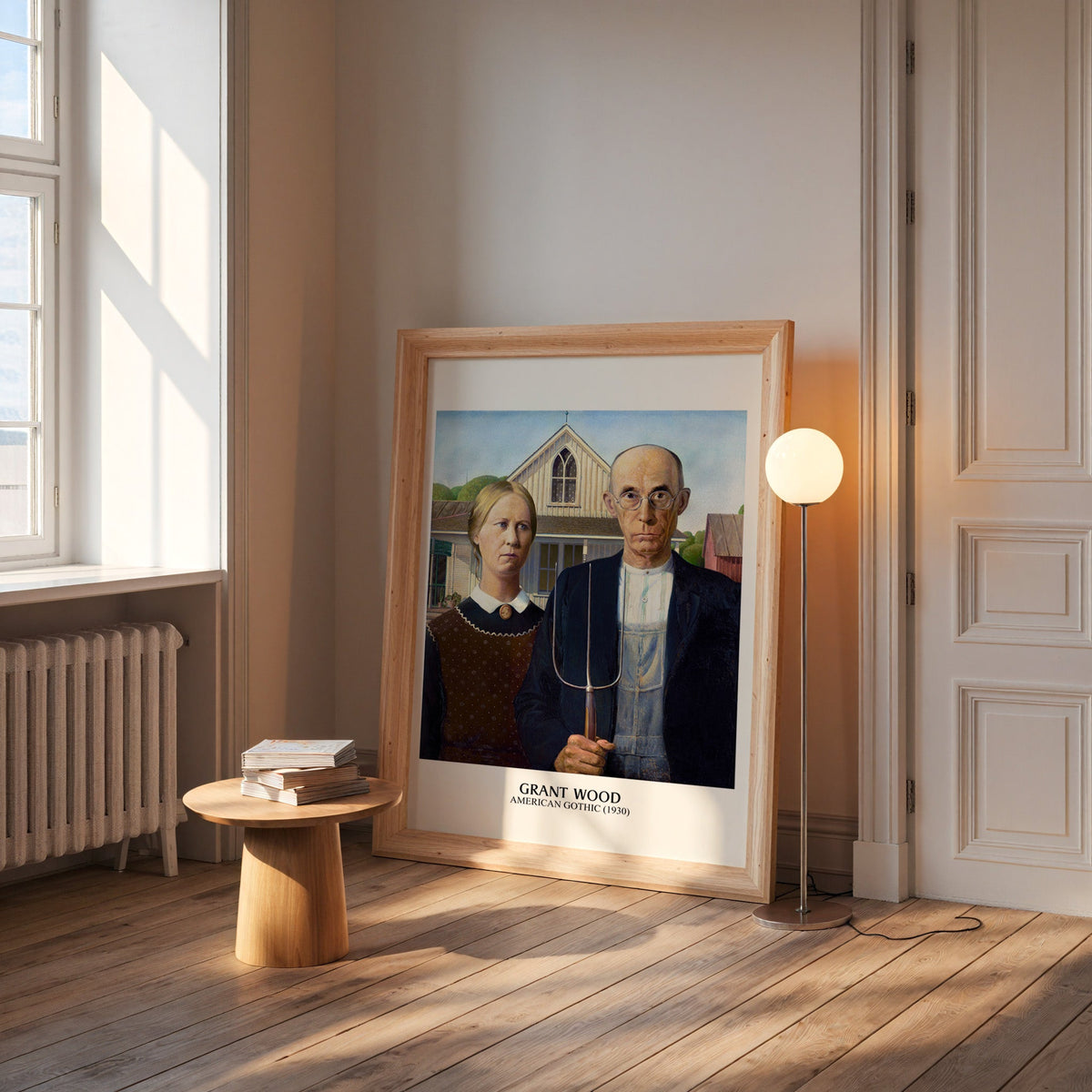 American Gothic print in a wide pine frame leaning by a sunlit window