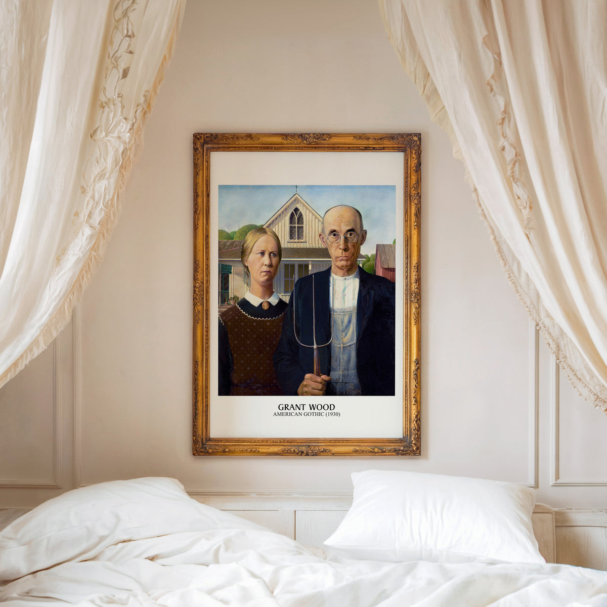 American Gothic print shown in an ornate gold frame above a canopy bed