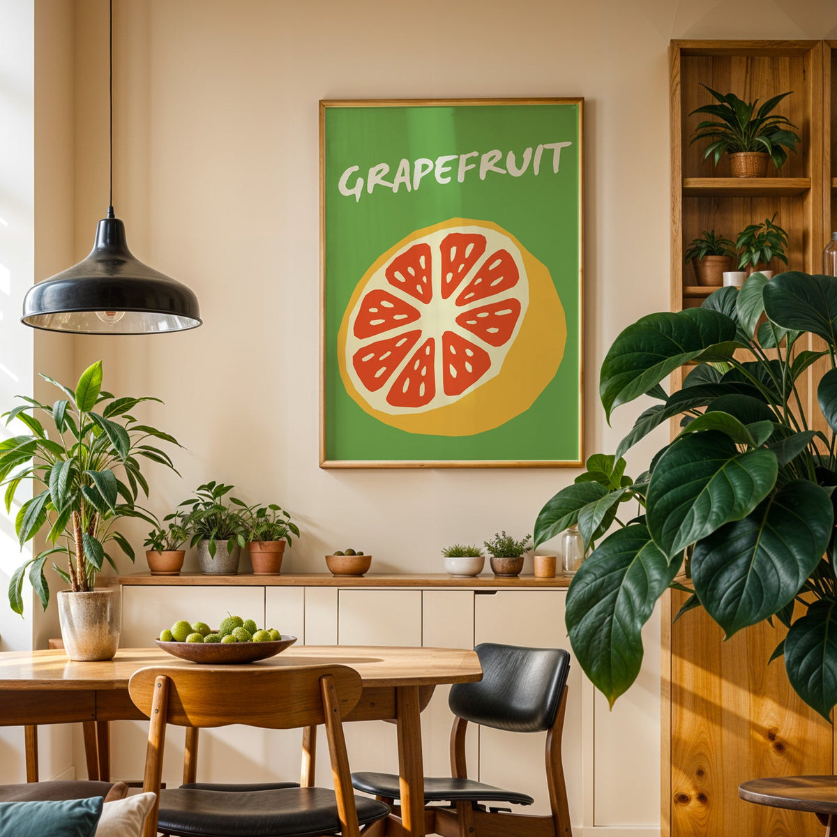 Grapefruit half print in an oak frame in a dining room above a plant-lined sideboard