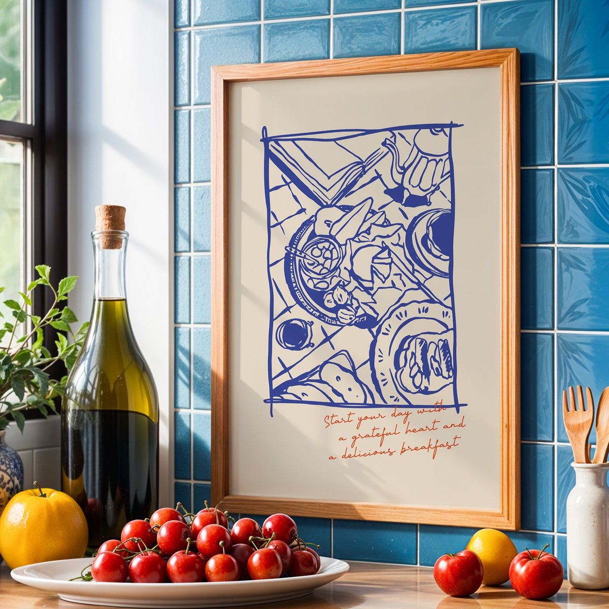 Grateful heart breakfast print in an oak frame against blue tiles with olive oil