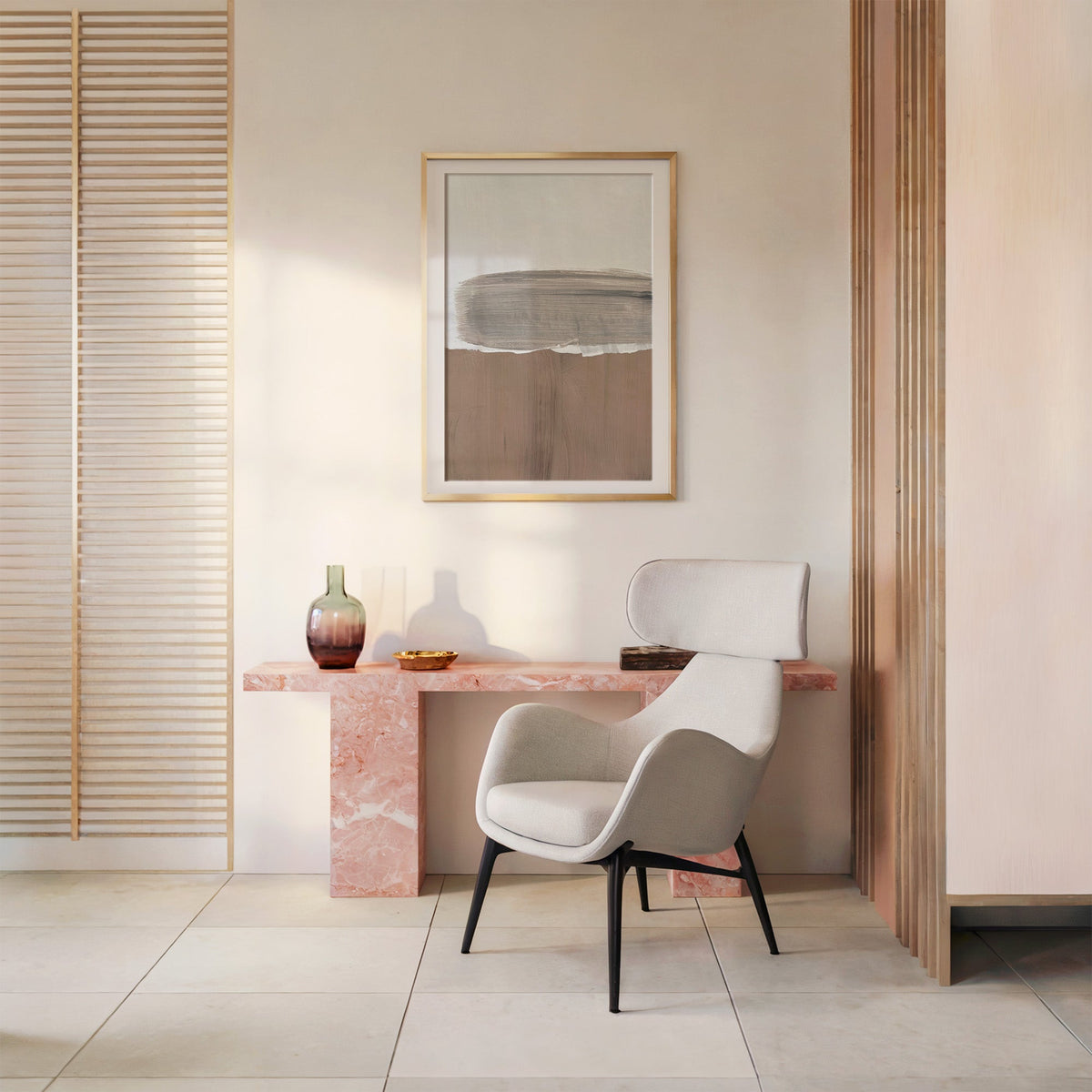 Gray brush band over mocha brushstroke print shown in a gold frame with a mat above a pink marble console and armchair