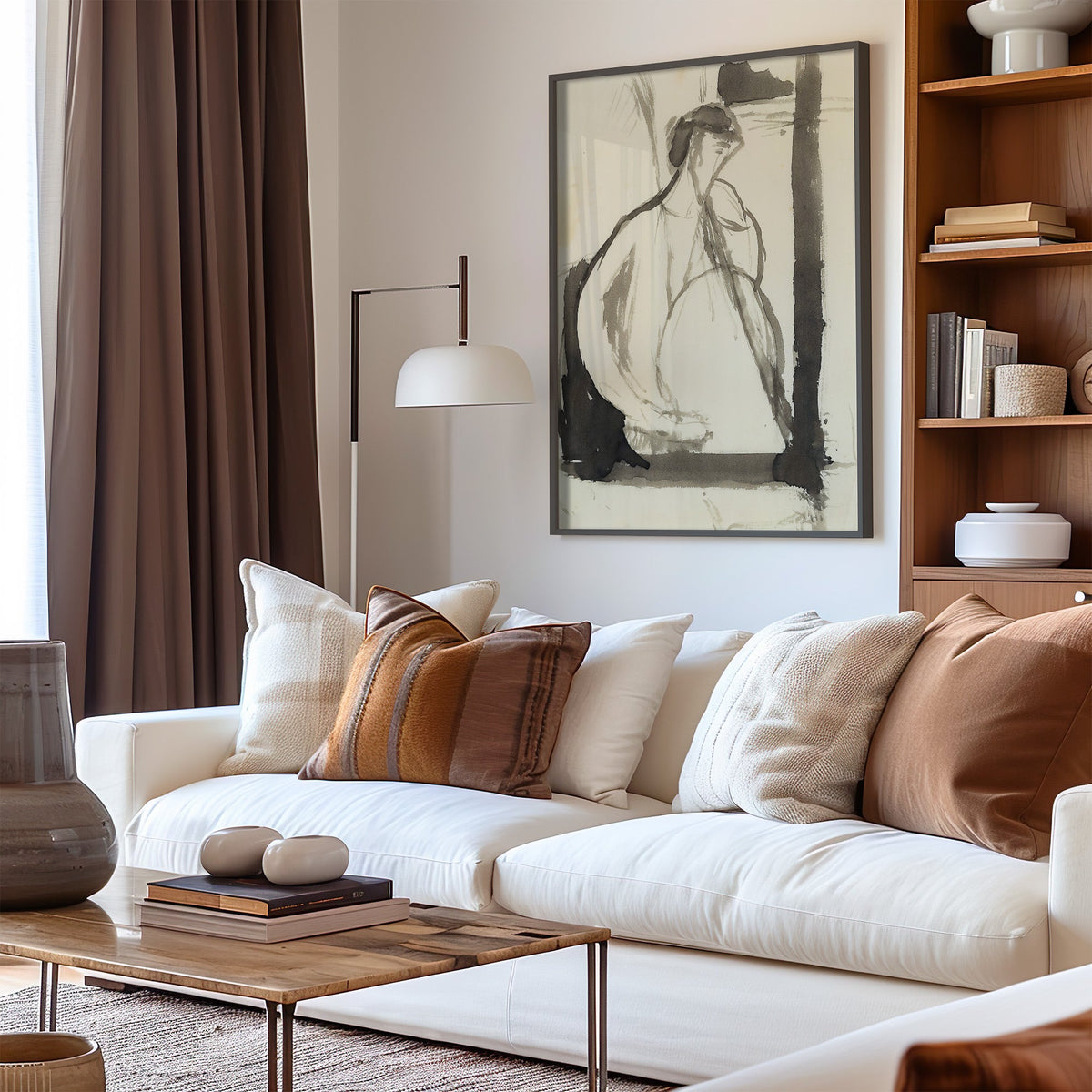 Gray ink seated woman figure sketch print in a black frame above a cream sofa with brown striped pillows