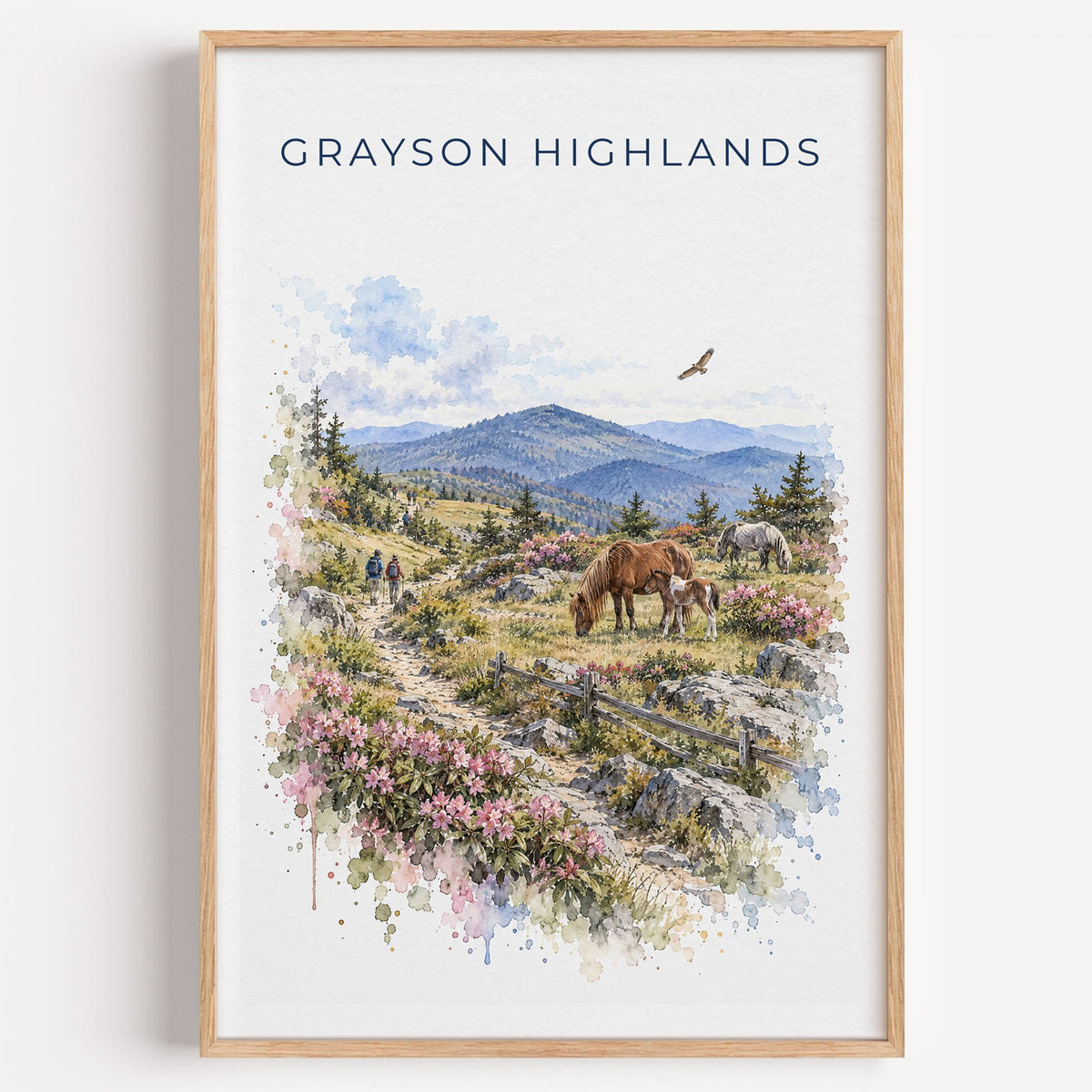 Grayson Highlands State Park watercolor print in a light oak frame on a plain white wall