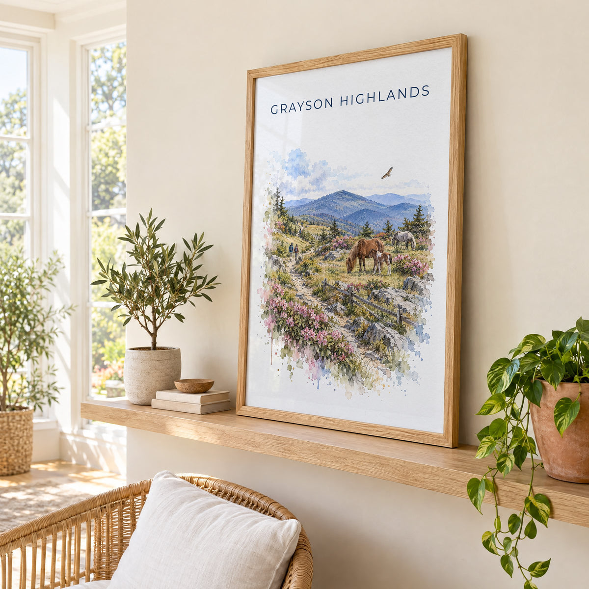 Grayson Highlands State Park watercolor print in an oak frame on a picture ledge in a sunlit sunroom