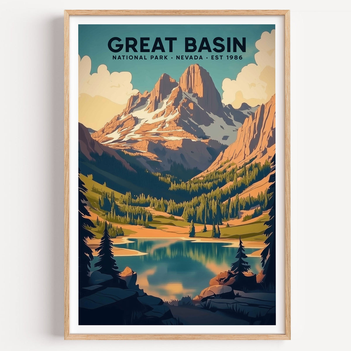 Great Basin National Park illustrated print: snow peaks above an alpine lake, in an oak frame