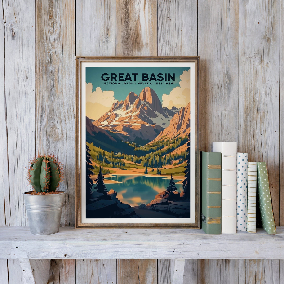 Great Basin poster in an antique gold frame against whitewashed farmhouse planks and books