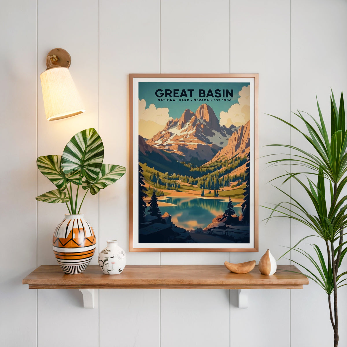 Great Basin National Park print in a copper frame above an oak shelf on white shiplap