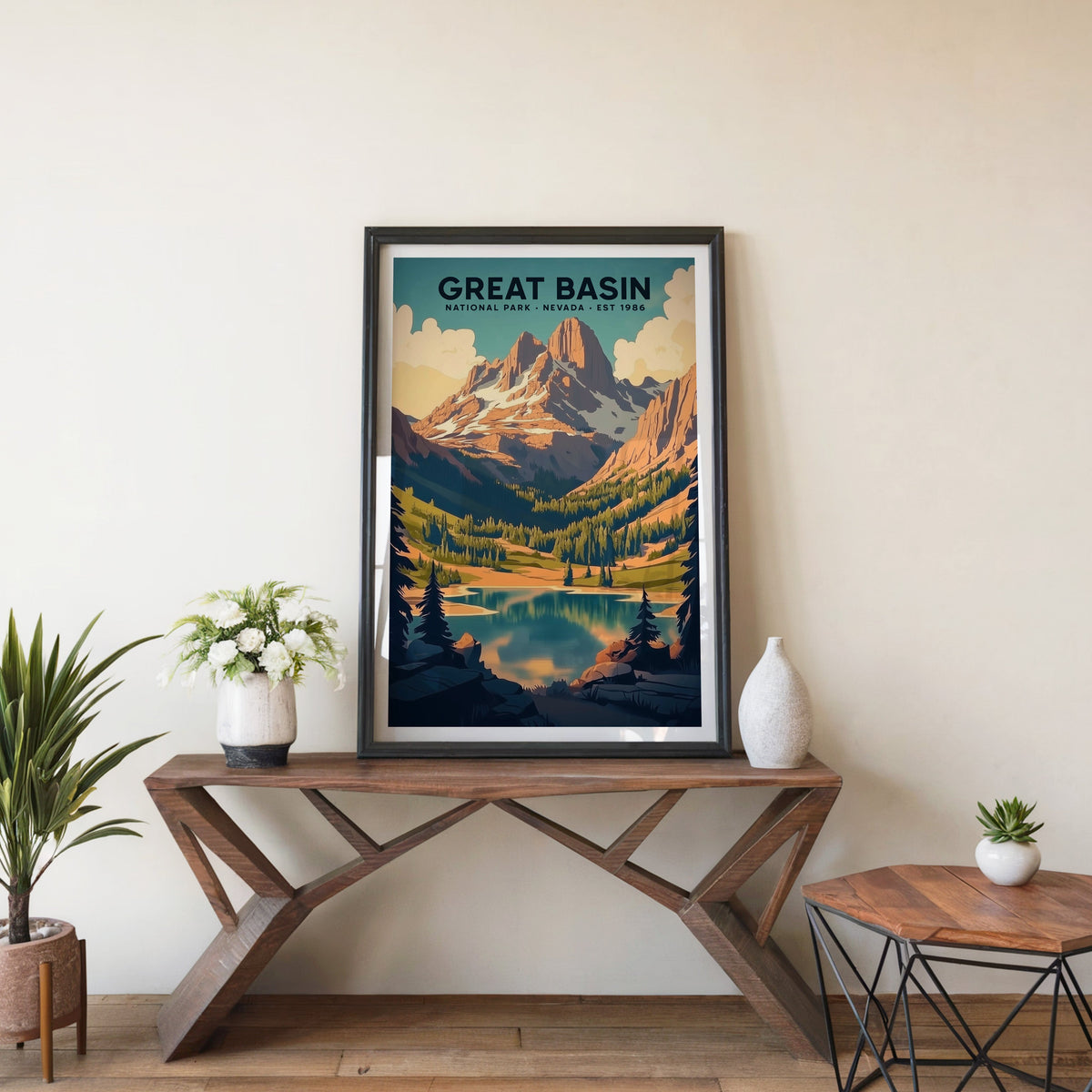 Great Basin poster in a black frame on an entryway console table with white flowers