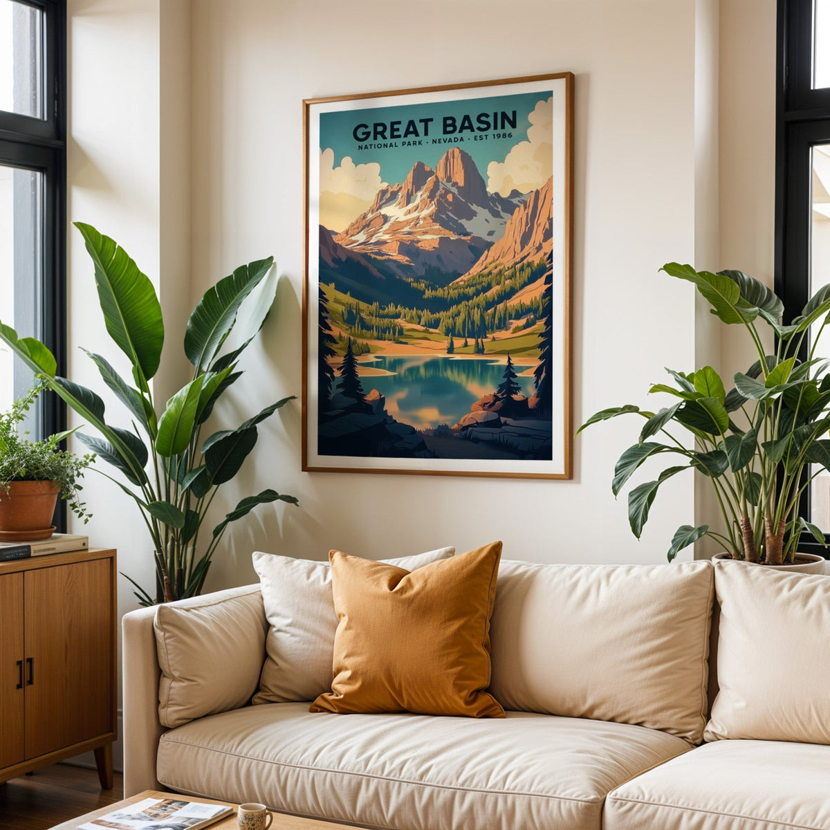 Great Basin National Park print in an oak frame above a cream living room sofa