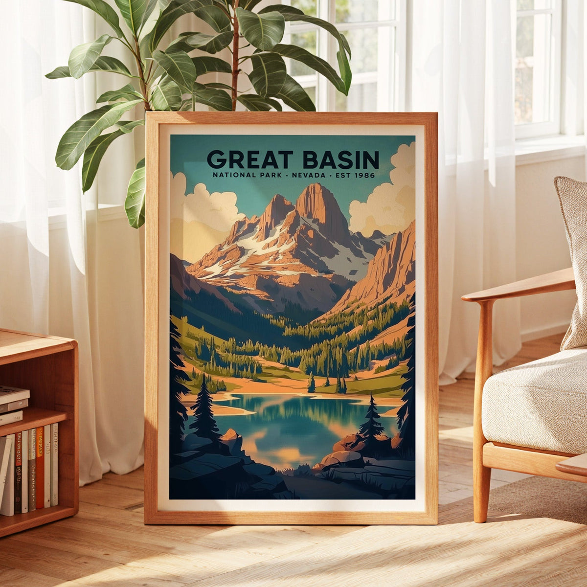 Great Basin National Park print in an oak frame by a sunlit window with sheer curtains