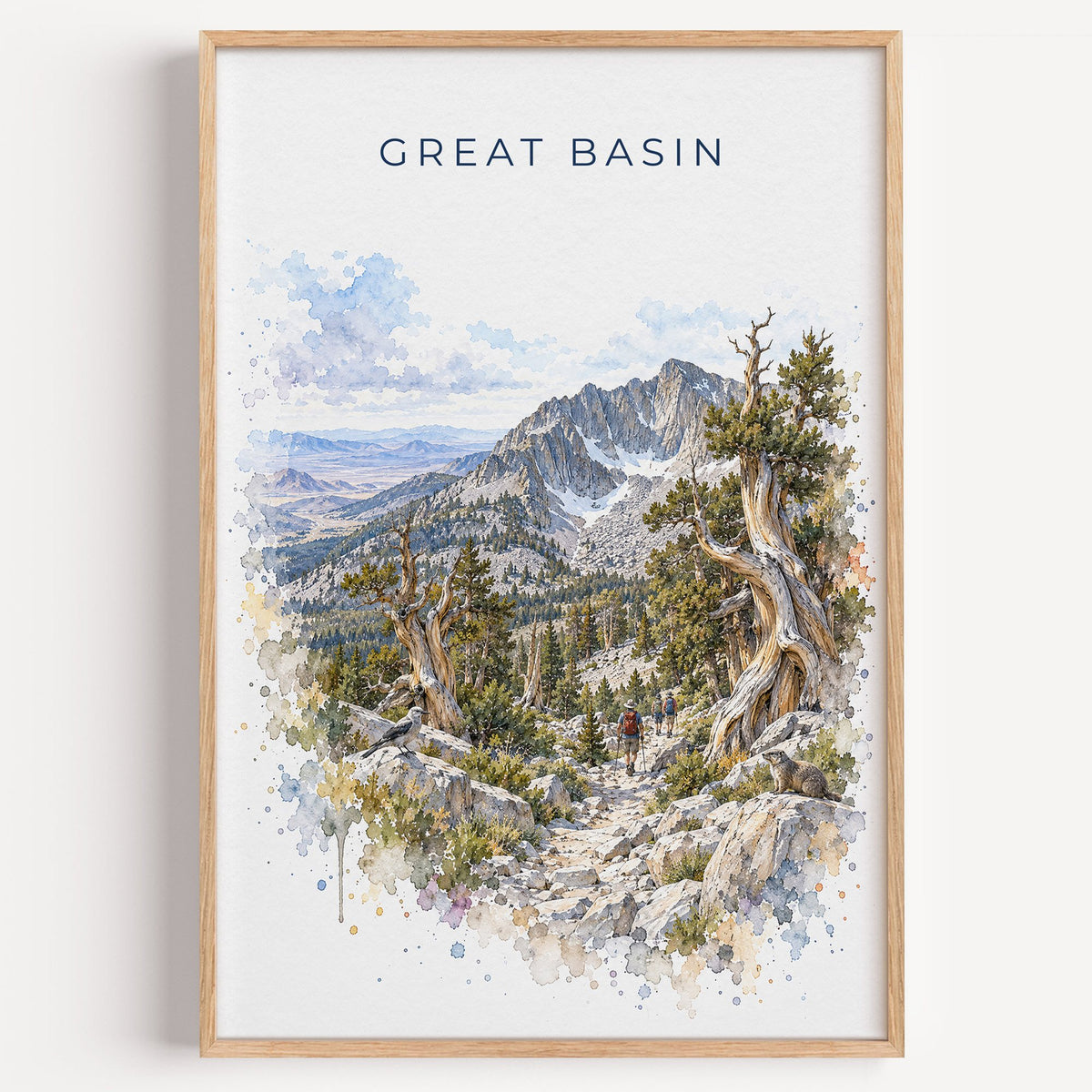 Great Basin National Park watercolor print in a light oak frame on a plain white wall