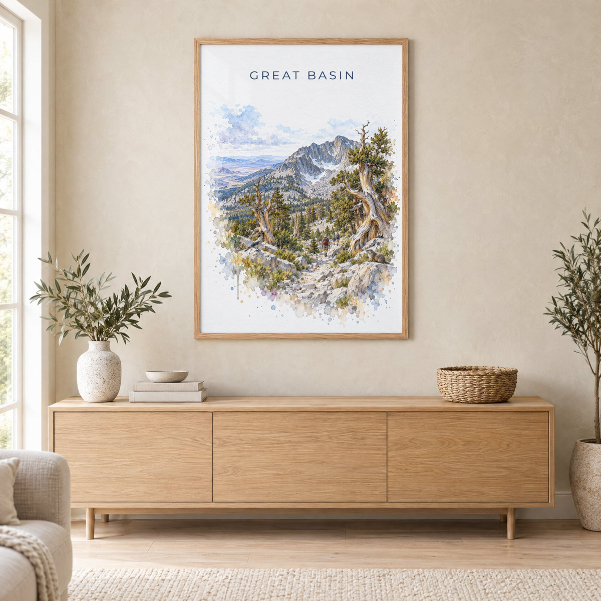 Great Basin National Park watercolor print in an oak frame above a light wood sideboard in a Scandinavian living room