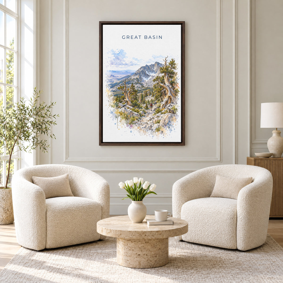 Great Basin National Park watercolor print as an espresso floater canvas above two boucle armchairs in a hotel lounge