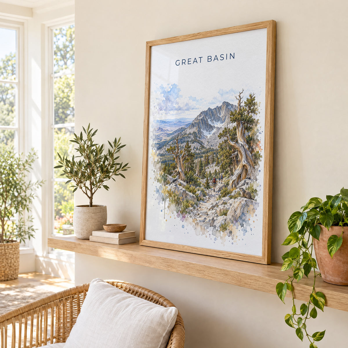 Great Basin National Park watercolor print in an oak frame on a picture ledge in a sunlit sunroom