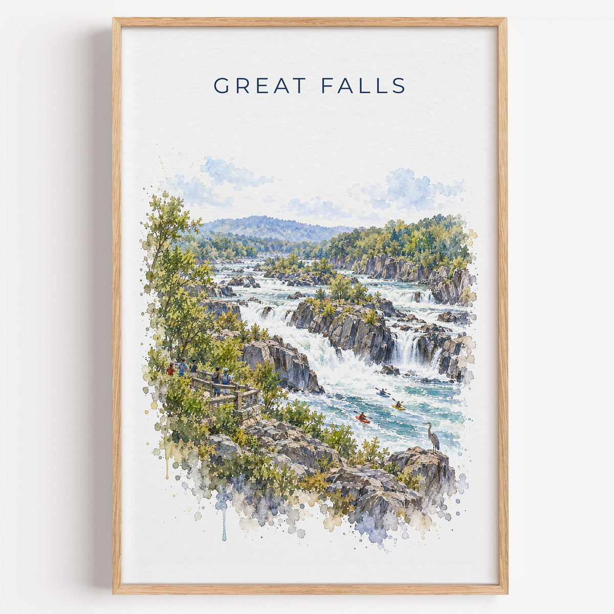 Great Falls Park watercolor print in a light oak frame on a plain white wall