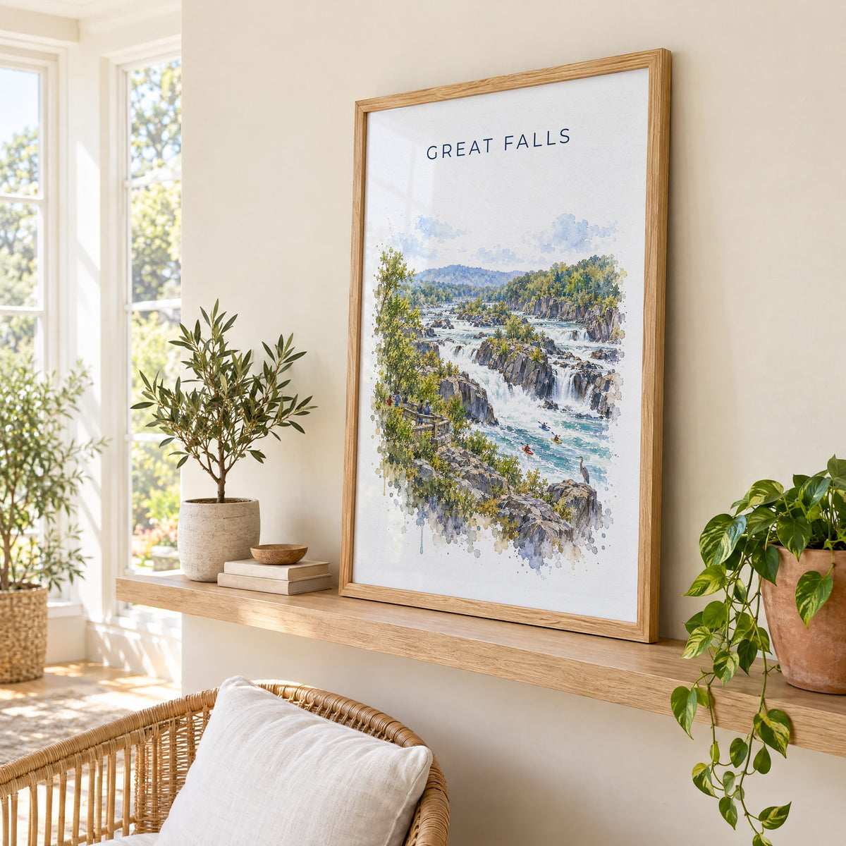Great Falls Park watercolor print in an oak frame on a picture ledge in a sunlit sunroom