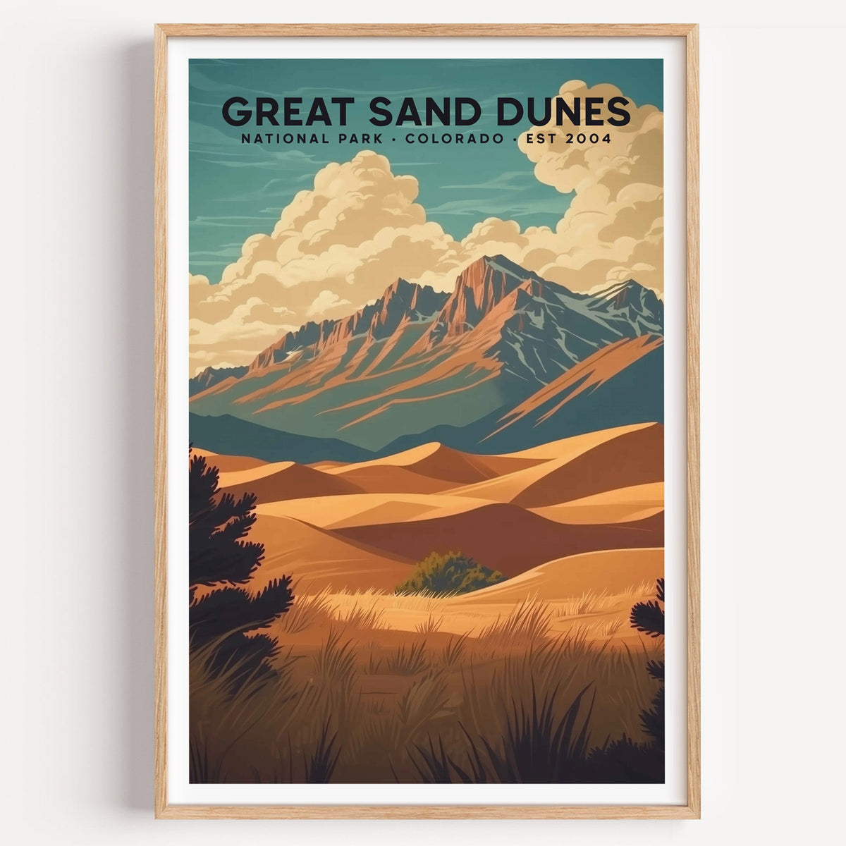 Great Sand Dunes National Park illustrated print: golden dunes below peaks, in an oak frame