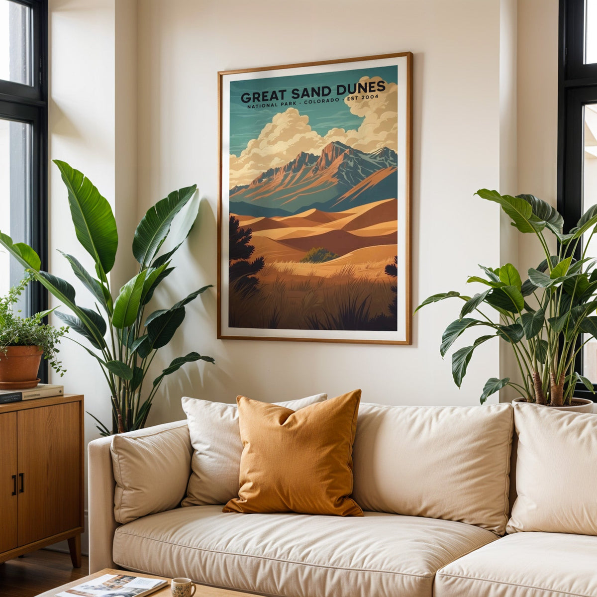 Great Sand Dunes print in an oak frame above a cream living room sofa with an ochre cushion
