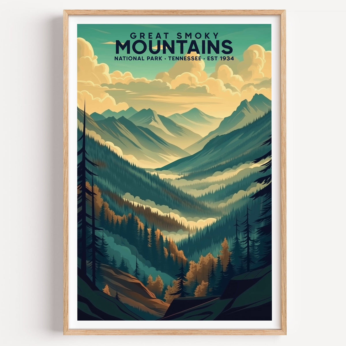 Great Smoky Mountains National Park illustrated print: blue ridges and mist, in an oak frame