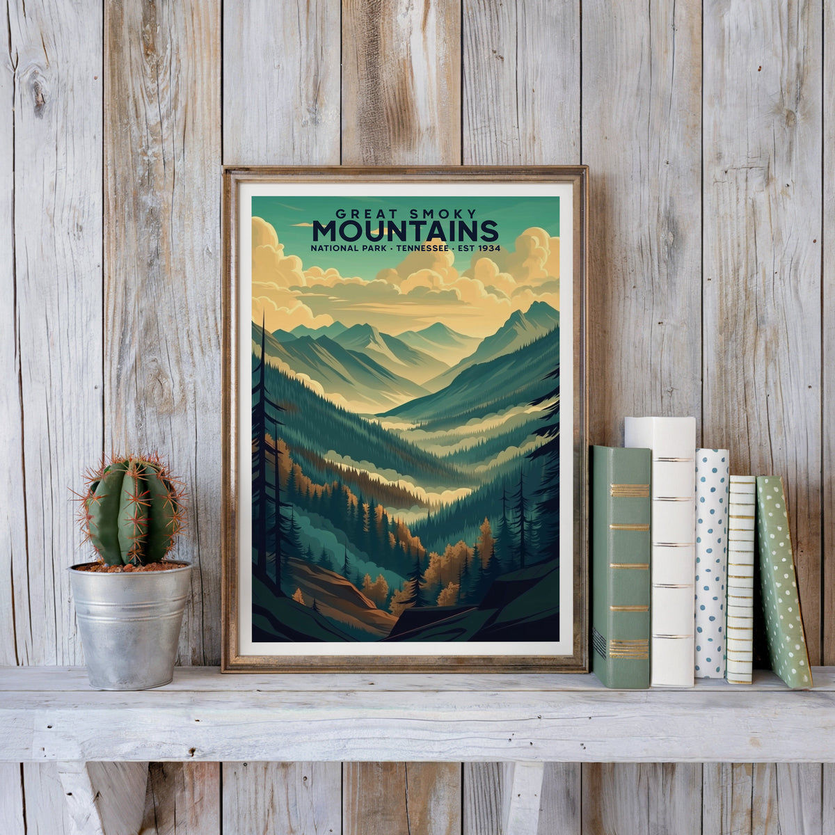 Great Smoky Mountains poster in an antique gold frame against whitewashed farmhouse planks and books