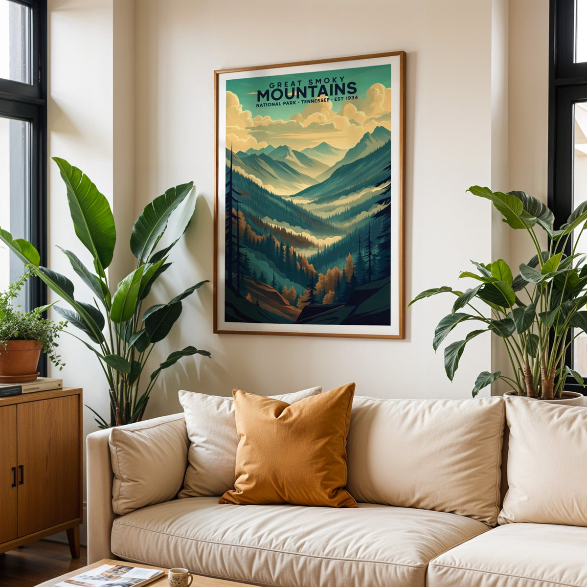 Great Smoky Mountains print in an oak frame above a cream living room sofa with an ochre cushion