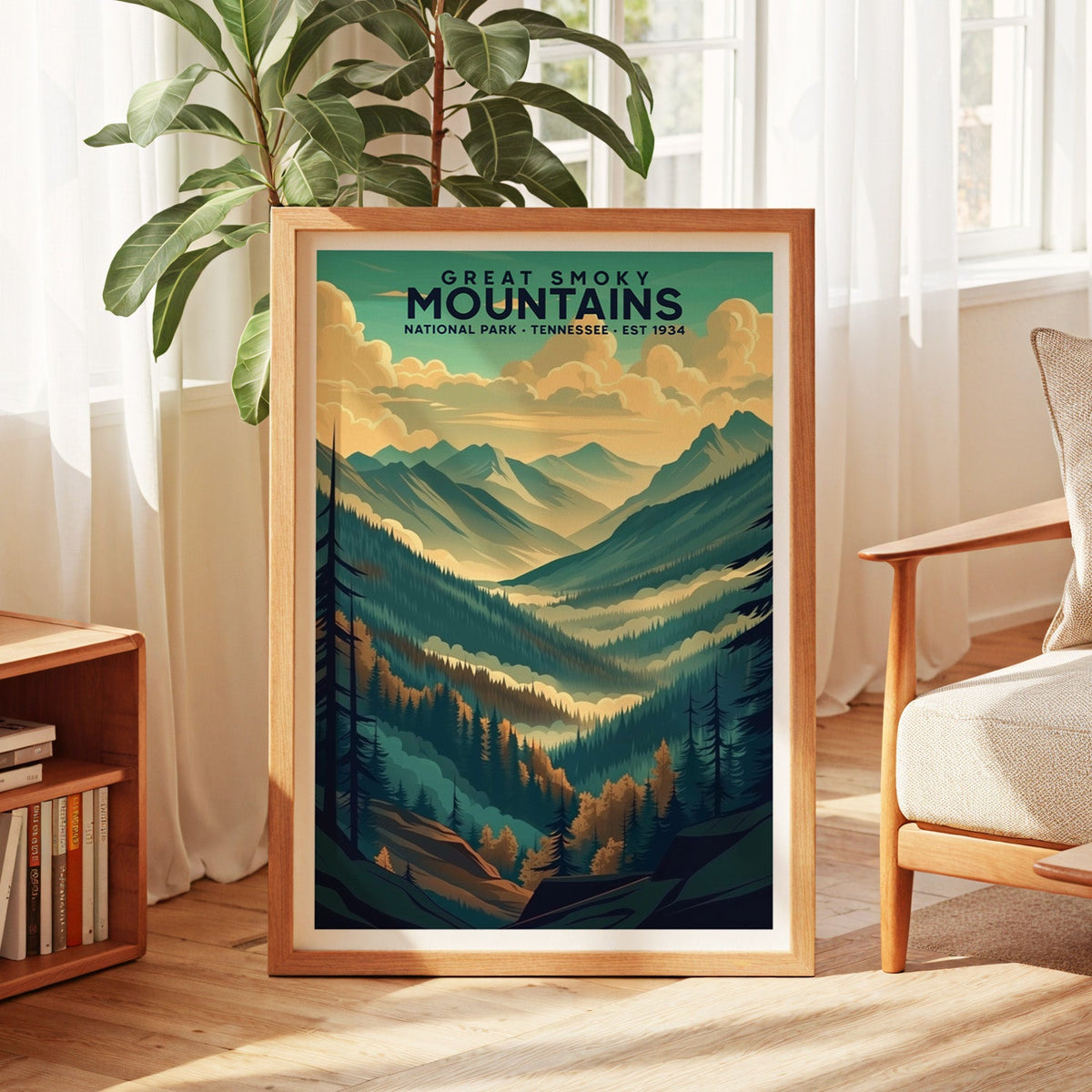 Great Smoky Mountains print in an oak frame by a sunlit window with sheer curtains and a fig plant