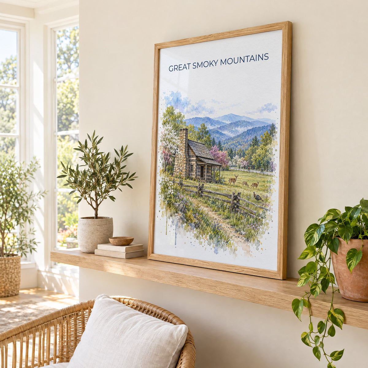 Great Smoky Mountains National Park watercolor print in an oak frame on a picture ledge in a sunlit sunroom