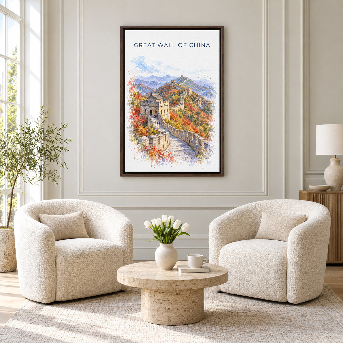 Great Wall of China watercolor print as an espresso floater canvas above two boucle armchairs in a hotel lounge