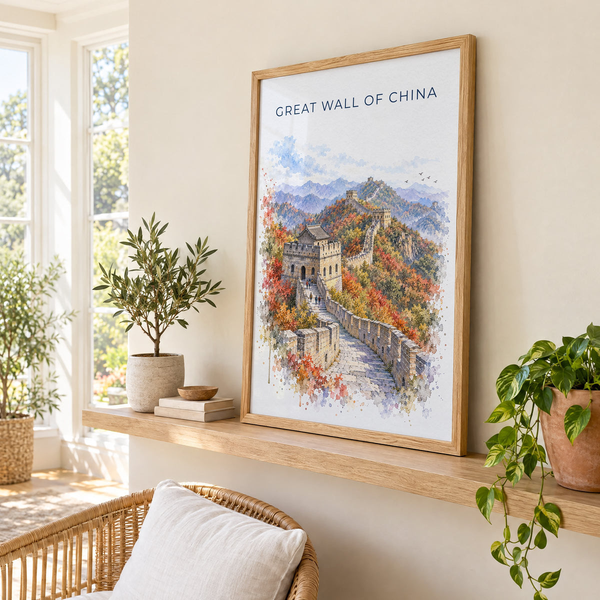 Great Wall of China watercolor print in an oak frame on a picture ledge in a sunlit sunroom