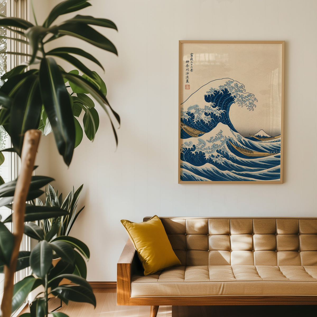 Great Wave off Kanagawa print in an oak frame above a tan tufted leather sofa with a mustard cushion