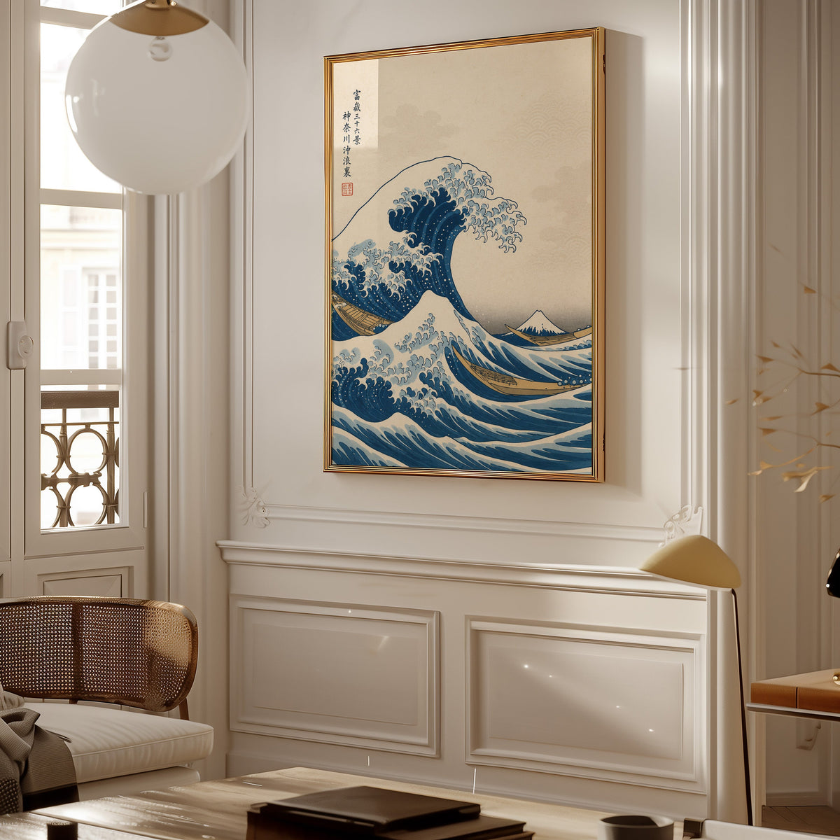 Great Wave off Kanagawa print shown in a gold frame on a paneled wall in a Parisian-style living room