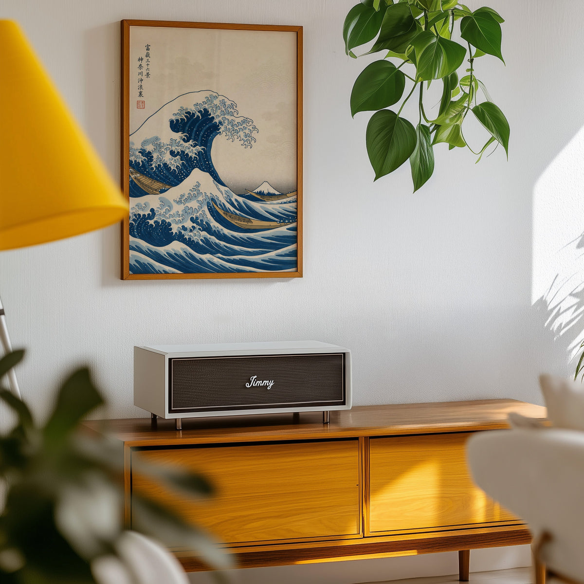 Great Wave off Kanagawa print in an oak frame above a teak mid-century sideboard with trailing pothos