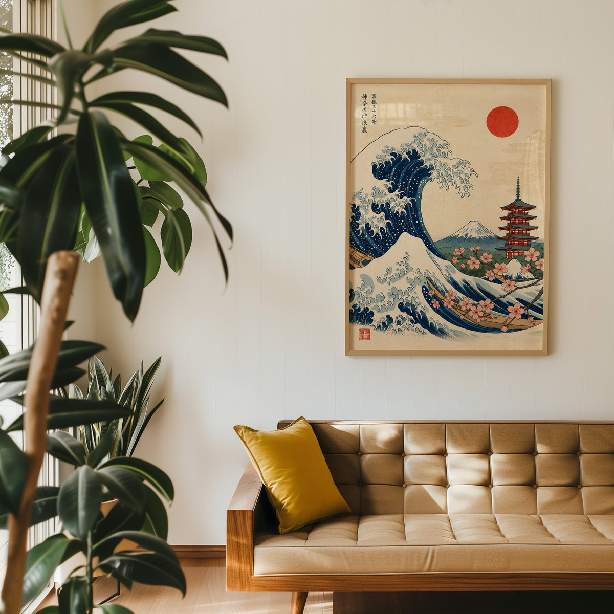 Great Wave with pagoda and cherry blossom print in an oak frame above a tan tufted leather sofa with a mustard cushion