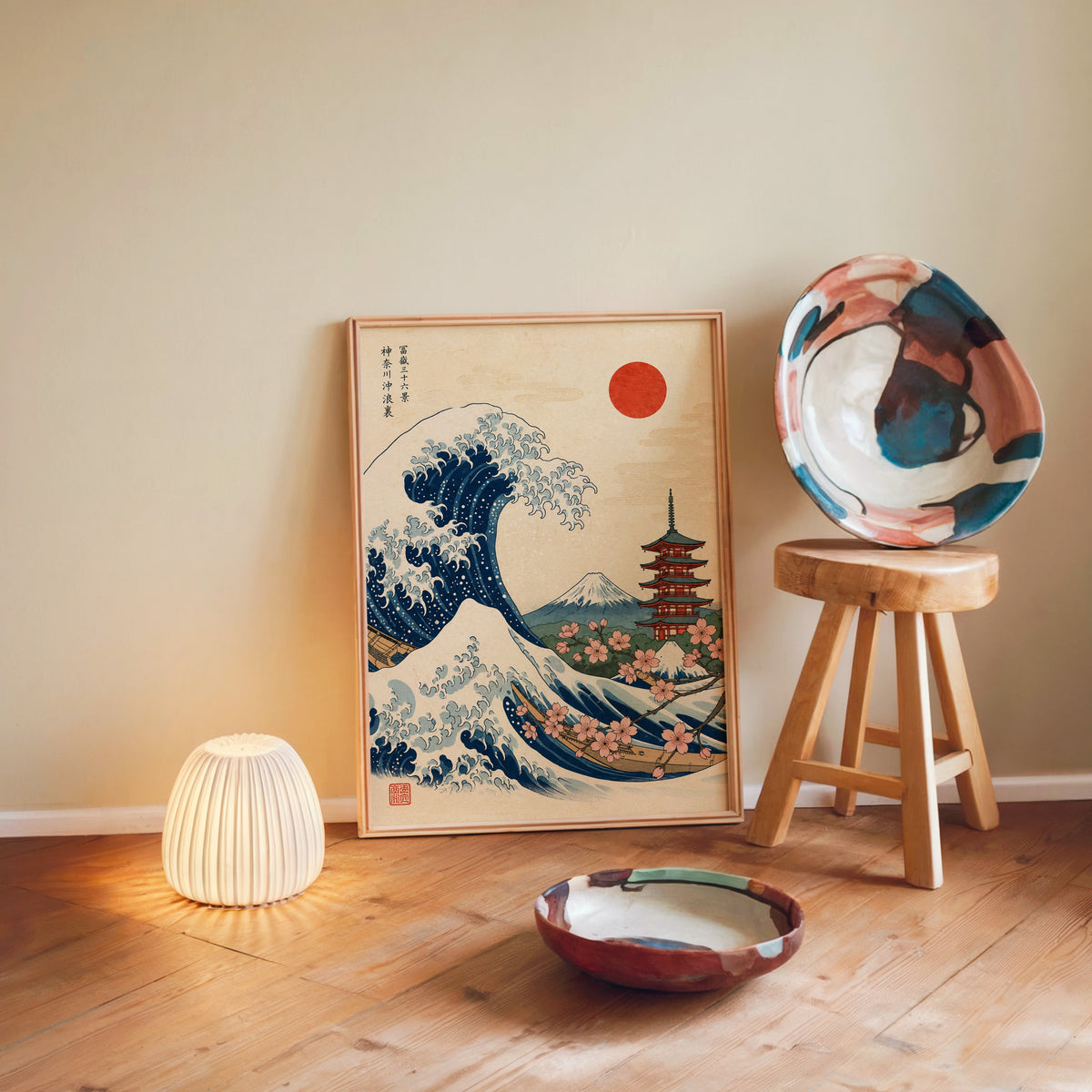 Great Wave with pagoda and cherry blossom print in a light wood frame leaning on a wooden floor by a glowing lamp and stool