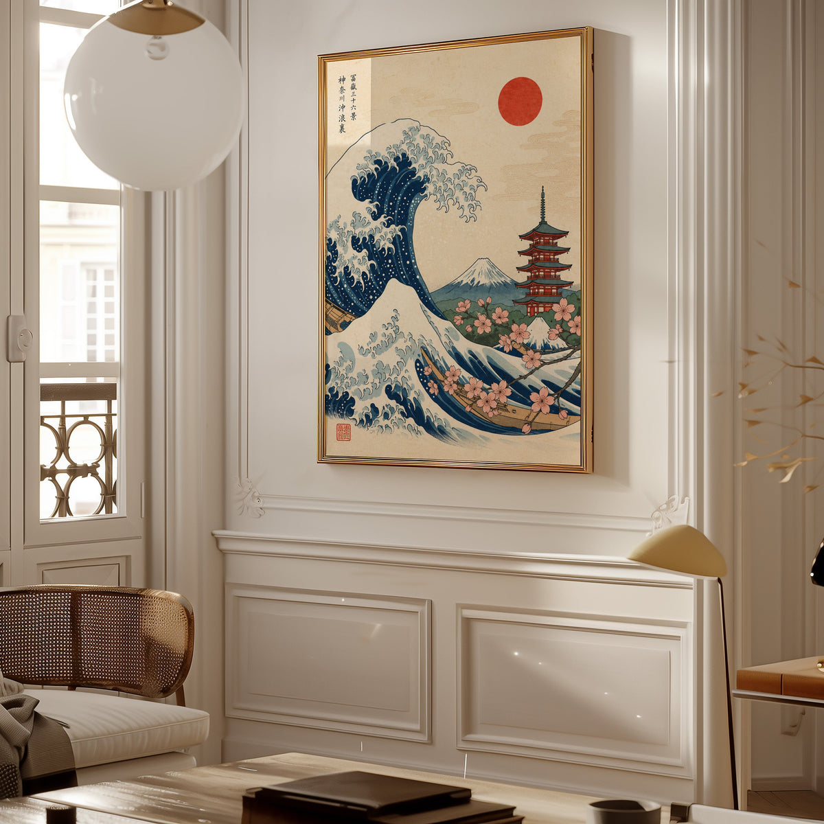 Great Wave with pagoda and cherry blossom print shown in a gold frame on a paneled wall in a Parisian-style living room