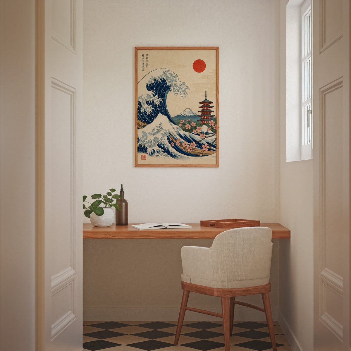 Great Wave with pagoda and cherry blossom print in an oak frame above a wall-mounted desk in a home office nook