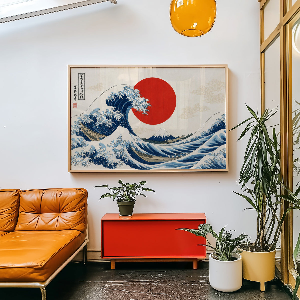 Great Wave with a red sun print in a light wood frame above a red cabinet beside a tan leather daybed