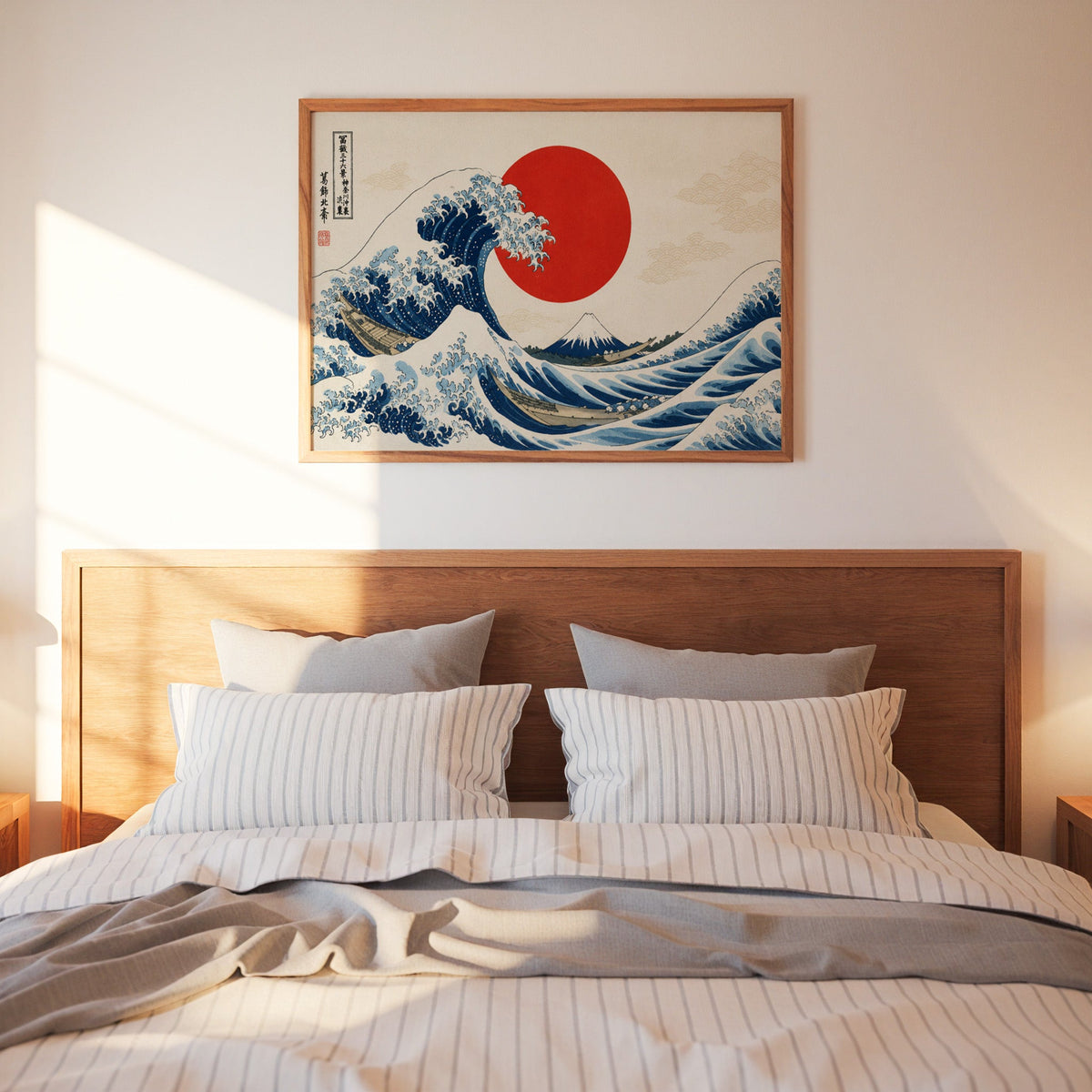 Great Wave with a red sun print in a warm wood frame above a bed with striped linen bedding