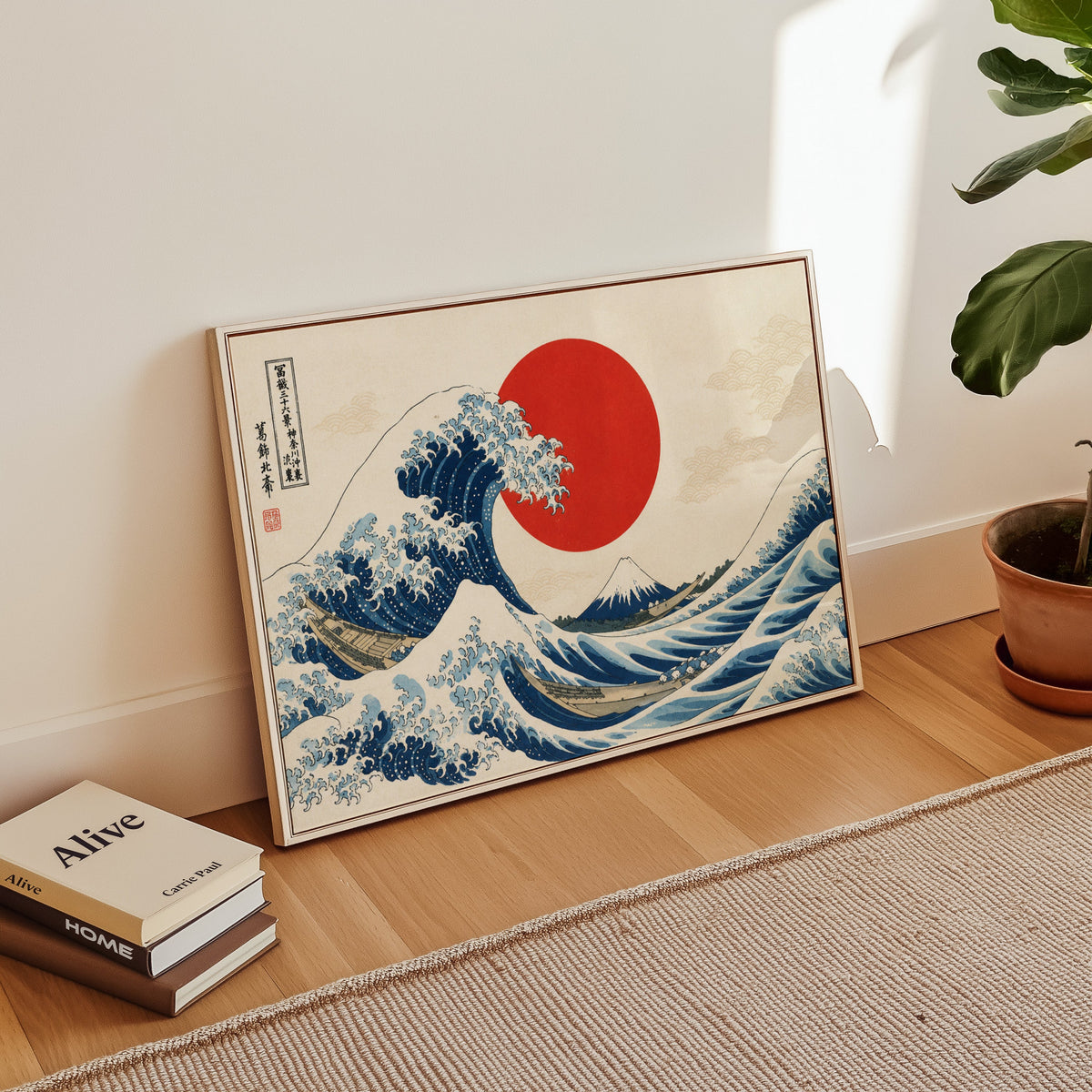 Great Wave with a red sun print in a white floater frame leaning on a wood floor beside stacked books