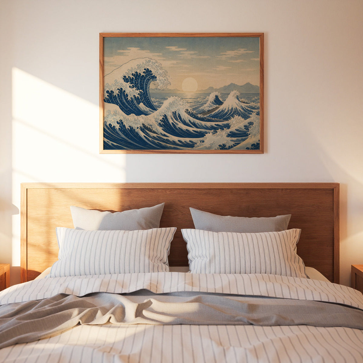 Great wave at sunrise over the sea print in a warm wood frame above a bed with striped linen bedding